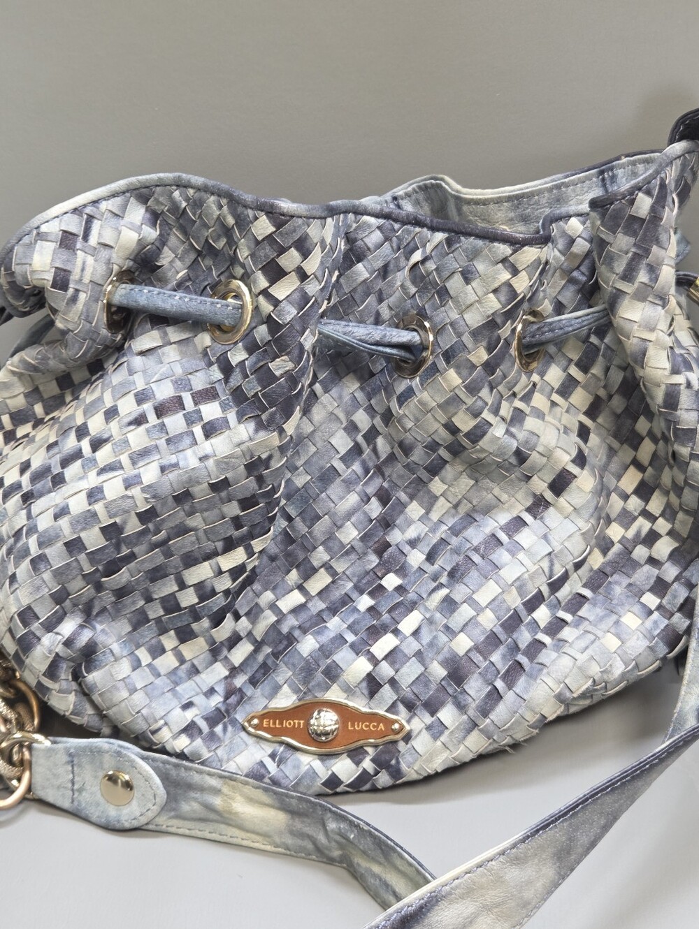 Elliott Lucca Blue tye dye Woven Leather Drawstring bucket hobo Shoulder Bag - Picture 2 of 13